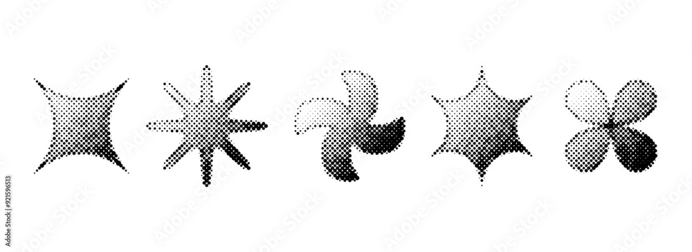 Poster halftone grain stars set. dotted grunge geometric shape collection. y2k bitmap gradient elements bun