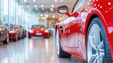 A vibrant red sports car stands prominently in a contemporary showroom with other automobiles on display