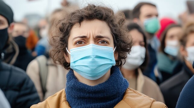 A woman with curly hair and a face mask stands among a crowd, focused on the event happening around her