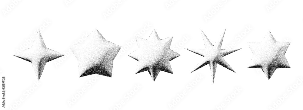 Poster Black stippled star set. 3d dotted textured flares and sparkles collection. Halftone grainy noise starburst shape bundle. Dot work grunge asterisks and stars element pack. Vector