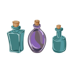 vector drawing glass perfume bottles isolated at white background, magic potion, elixir, hand drawn illustration