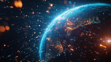Futuristic Earth Globe with Glowing Lines and Data Flow.