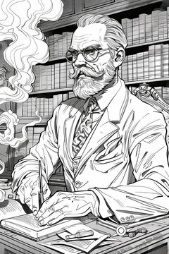 Professor line art 2 colors 1670 people, old, face, person, senior, vintage, businessman, business, elderly, book, antique 