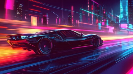 Fototapeta premium Futuristic Sports Car Speeding Through Neon Cityscape.