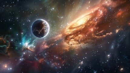Obraz premium A breathtaking view of a distant galaxy with a vibrant planet in the foreground, evoking a sense of wonder and exploration. 
