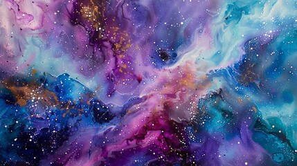 Fototapeta premium A vibrant abstract depiction of a cosmic scene, filled with swirling colors of purple, blue, and gold, evoking a sense of wonder and exploration. 