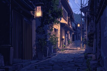 A quaint old town alley with rustic charm and soft streetlights. Cozy vibe, Generative AI