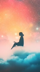 A girl sits on a book, soaring through colorful, whimsical skies surrounded by clouds and twinkling stars