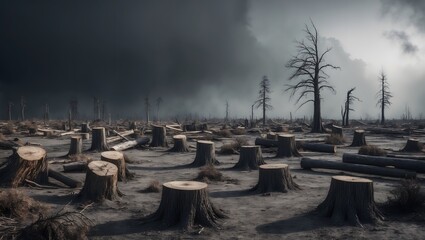 Desolate forest landscape with tree stumps under dark stormy sky