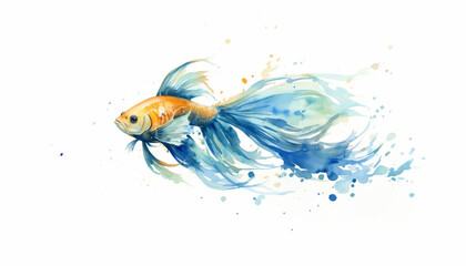 Colorful tropical siamese fighting betta fish multicolor watercolor painting art with golden, yellow, ochre, blue, green flowing brush strokes paint, stains and splashes of ink on white background.
