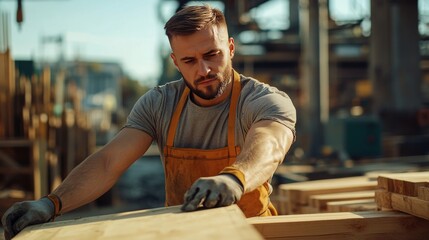 Obraz premium Young man with short hair and long beard wearing an apron is working with wooden planks at a construction site, emphasizing the man's concentration and skill in the environment.