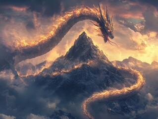 Fiery Dragon Soaring Above Mountain Peaks in Dramatic Fantasy Landscape.