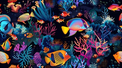 Vibrant underwater scene with colorful fish, coral, and seaweed.
