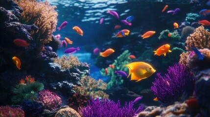 Vibrant Coral Reef with Colorful Fish and Lush Underwater Plants.