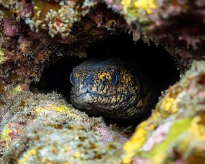 A close-up of a moray eel peeking out from a colorful reef structure, showcasing vibrant marine life and textures.