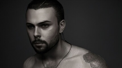 Generative AI, Brooding intensity and the calm strength of a man with tattoos captured in a dramatic portrait