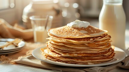 A scrumptious stack of golden pancakes piled high, accompanied by a dollop of tangy sour cream and a glass of creamy milk