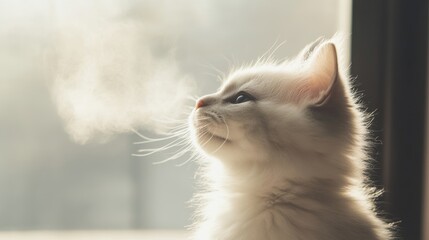 A fluffy cat sits by the window, basking in warm sunlight and surrounded by a gentle, dreamy atmosphere