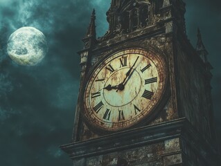Old Clock Tower with Full Moon and Cloudy Sky.