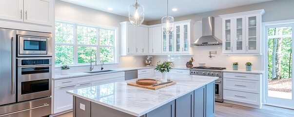 Gourmet kitchen with marble countertops and state-of-the-art appliances, spacious luxury kitchen with island, culinary dream