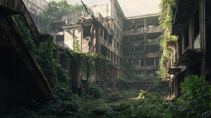 Overgrown Abandoned Building, Crumbling Structure Reclaimed by Nature, Lush Greenery, Urban Decay, Post-Apocalyptic, Nature Taking Over.