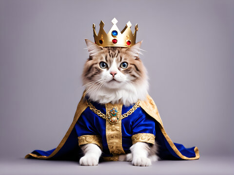 cute cat wearing king costume and crown looking majestic and royal with copy space