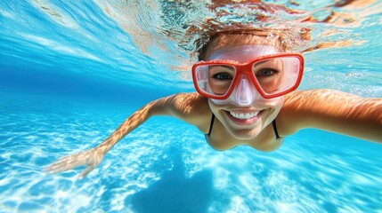 Naklejka premium A woman with goggles smiles while swimming gracefully beneath the water's surface