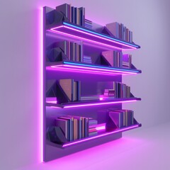 3D Render, Low Poly style of a cyberpunk bookshelf with neon highlights and floating shelves, on isolated white background