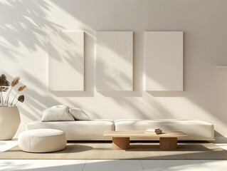 Living room light interior with set of empty clean canvas frames on interior wall for mockup. AI generated