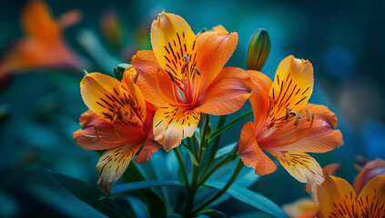 Vibrant orange lilies with delicate black speckles on petals, lush green background