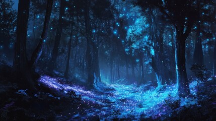 Enchanted Forest at Night with Bioluminescent Lights and Glowing Trees.