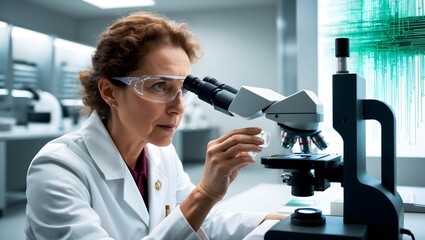 Professional Female Scientist Examining Sample Under Microscope in Modern Laboratory