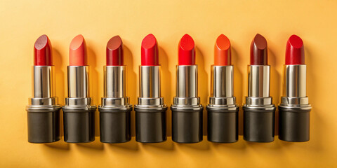 Obraz premium A row of bold red lipsticks lined up against a vibrant background, showcasing various bright shades of red, perfect for cosmetics and makeup advertising