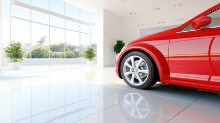 A red car is showcased in a sleek, sunlit showroom with large windows