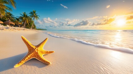 Fototapeta na wymiar A starfish lies on the sand as the sun sets over the ocean, casting warm colors across the sky and water