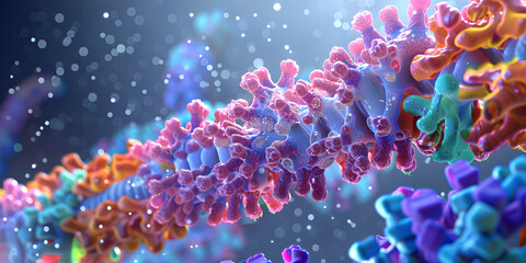 Intricate 3D rendering of an extended molecular chain with vibrant colors showcasing detailed biochemical interactions in a scientific setting