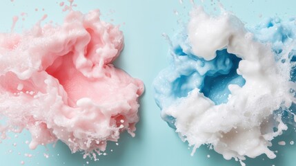 Soft pastel pink and blue water waves splash playfully, creating a calming and whimsical effect against a light background