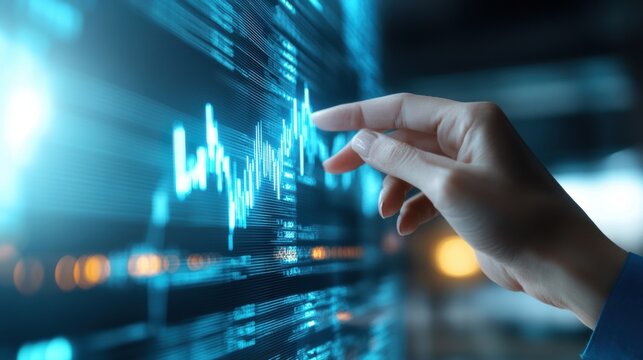 A hand indicates an upward trend on a digital graph, highlighting important data insights
