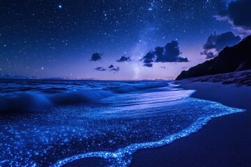 Bioluminescent Waves Crashing on a Beach Under a Starry Sky.