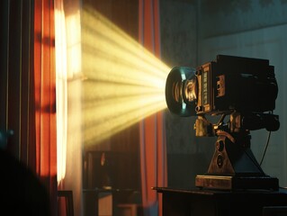 Vintage Film Projector Casting Light Beam Through Window with Red Curtains.