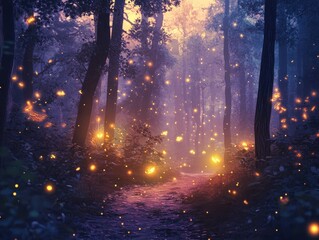 Magical Forest Path with Glowing Fireflies at Dusk.