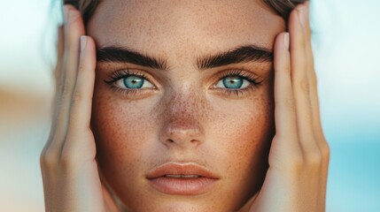 Fototapeta premium A young woman with blue eyes and freckles softly touches her face, emphasizing her natural beauty in a relaxed setting
