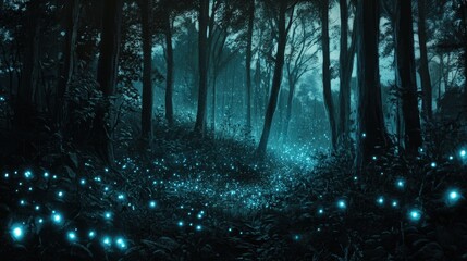 Naklejka premium Enchanting Forest Night with Glowing Fireflies - Digital Art Illustration.