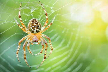 Obraz premium A close-up of a vibrant spider resting in its intricate web with a blurred green background, showcasing nature's delicate beauty.