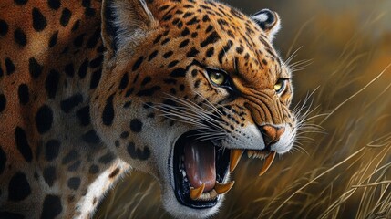 Fototapeta premium A fierce leopard displaying its powerful roar in the wild, showcasing majestic features and vibrant fur patterns.