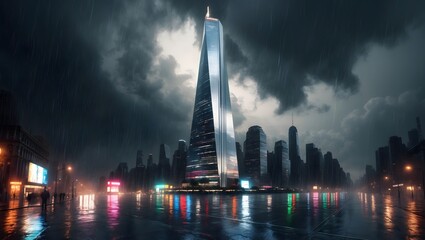 Futuristic skyscraper in rainy cityscape at dusk with dramatic clouds and reflective wet streets