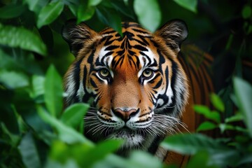 Fototapeta premium A majestic tiger peers through lush green foliage, showcasing its striking fur and captivating gaze in a natural habitat.