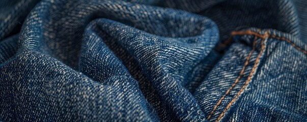 Close-up of Wrinkled Blue Denim Fabric with Stitching
