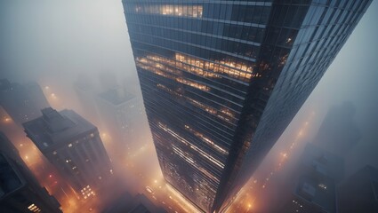 Illuminated modern skyscraper enveloped in fog during nighttime in a cityscape