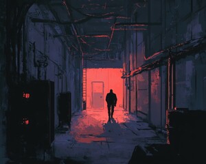 A solitary figure walks through a dimly lit corridor, creating a sense of mystery and intrigue against a contrasting backdrop.